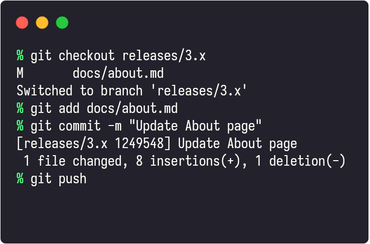 Terminal window showing commands to commit documentation changes